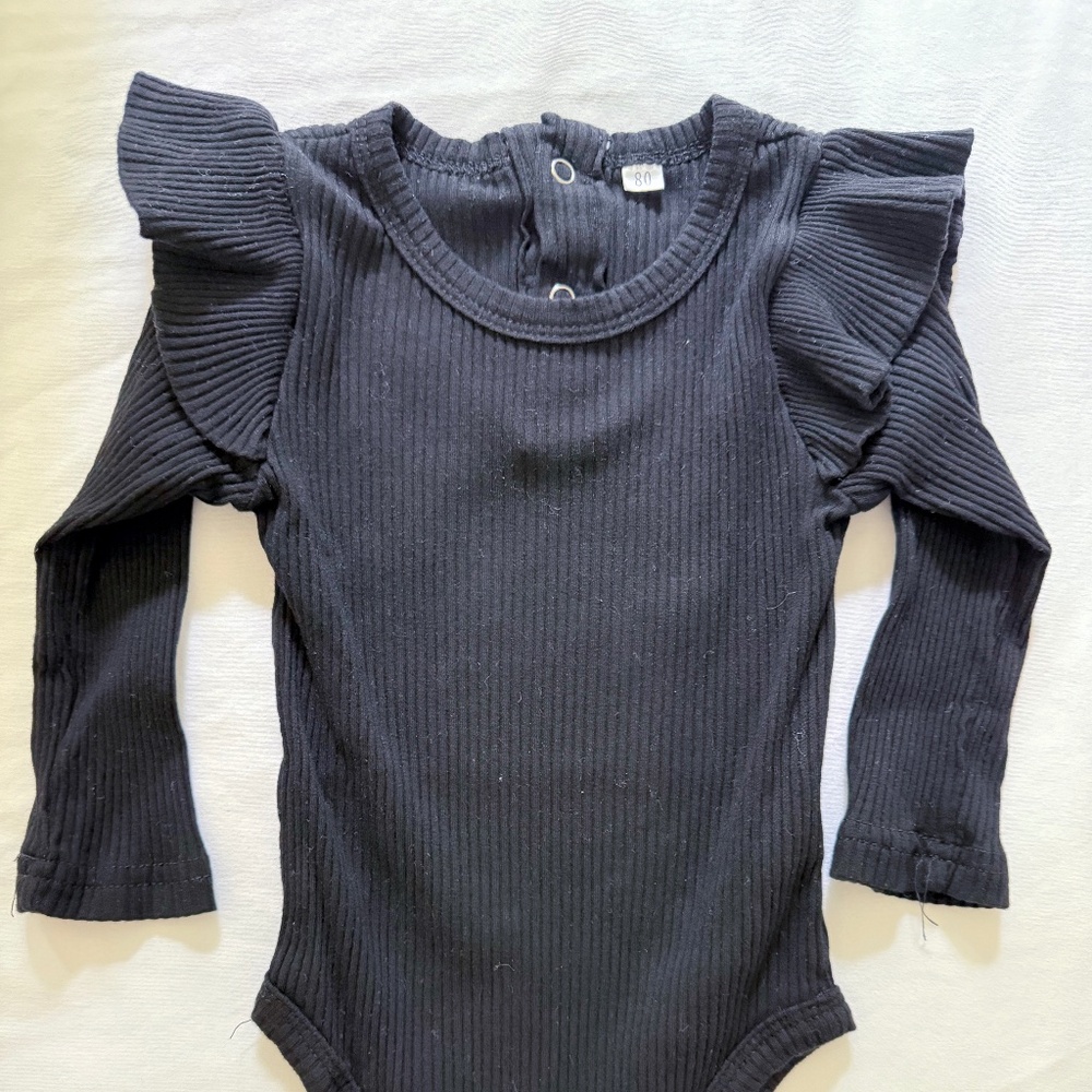 Mubineo 6-12mo Baby Girl Basic Plain Rib Knit Ruffle Long Sleeve Romper Bodysuit